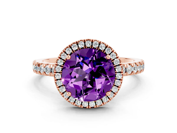 Rose gold Round Cut Amethyst Classic Halo Engagement Ring with Round Pavé Band and Prong Setting