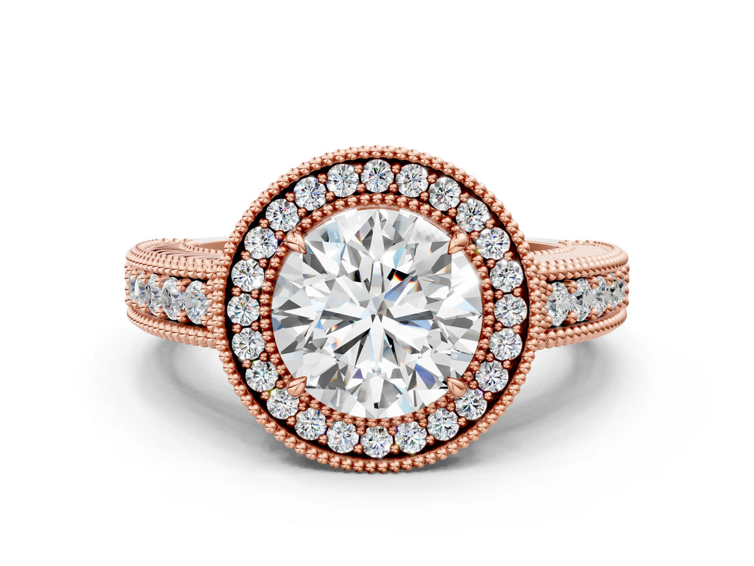 Rose gold Round Cut Halo Diamond Ring with Pavé Band and Four-Prong Setting_91