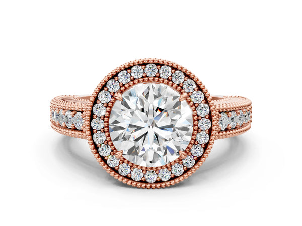 Rose Gold Round Vintage Milgrain Halo Engagement Ring Setting with Pave Band and Engraving