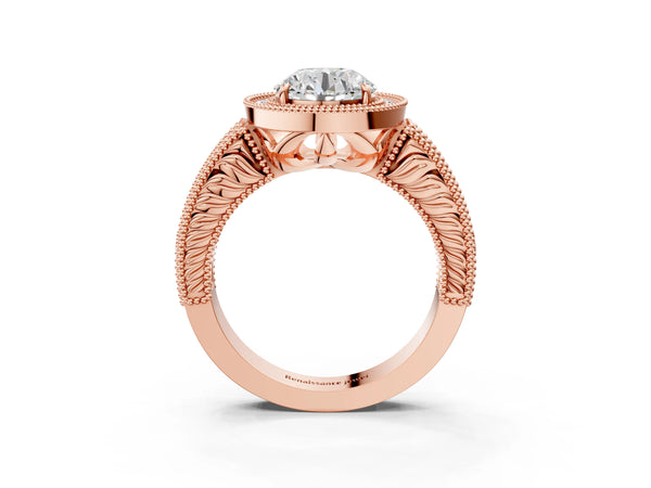 Rose Gold Round Vintage Milgrain Halo Engagement Ring Setting with Pave Band and Engraving