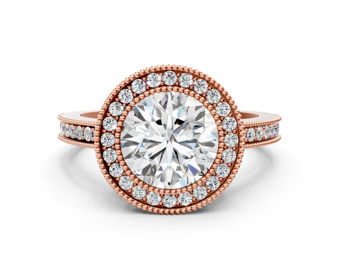 Rose gold Round Cut Halo Diamond Ring with Pavé Band and Milgrain Prong Setting_31