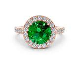 Rose gold Round Cut Halo Diamond Ring with Pavé Band and Three-Prong Setting