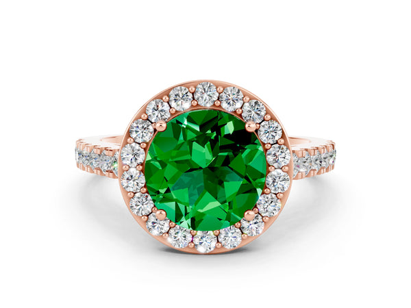 Rose gold Round Cut Emerald Halo Ring with Round Pavé Split Shank and Prong Setting