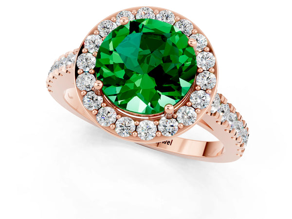 Rose gold Round Cut Emerald Halo Ring with Round Pavé Split Shank and Prong Setting