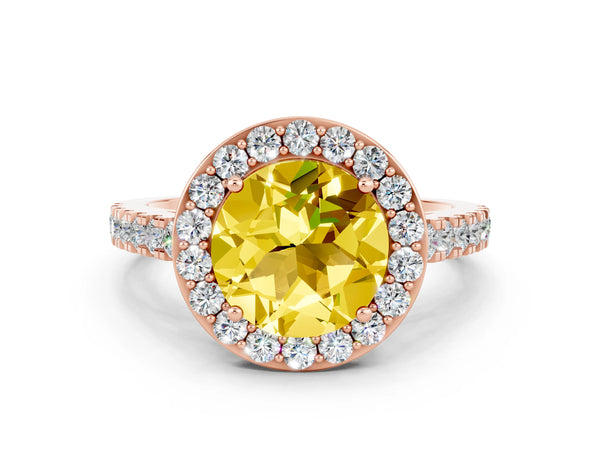 Rose gold Round Cut Yellow Sapphire Halo Ring with Round Pavé Split Shank and Prong Setting