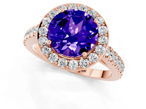 Rose gold Round Cut Halo Diamond Ring with Pavé Band and Three-Prong Setting_1