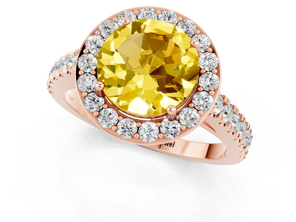 Rose gold Round Cut Yellow Sapphire Halo Ring with Round Pavé Split Shank and Prong Setting