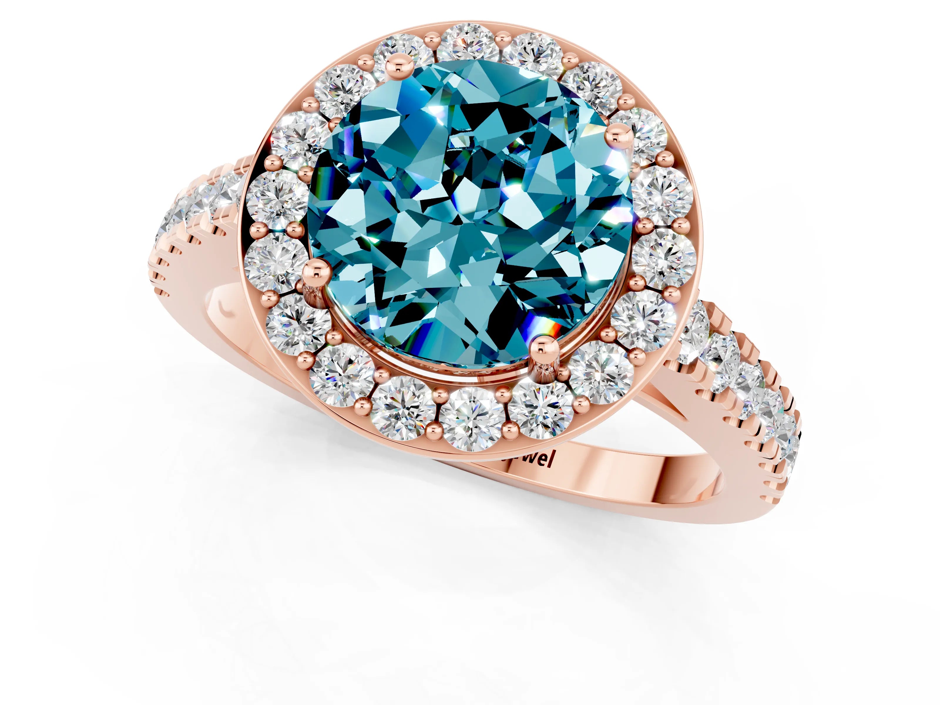 Rose gold Round Cut Halo Diamond Ring with Pavé Band and Three-Prong Setting_1