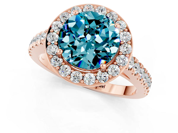 Rose gold Round Cut Halo Diamond Ring with Pavé Band and Three-Prong Setting
