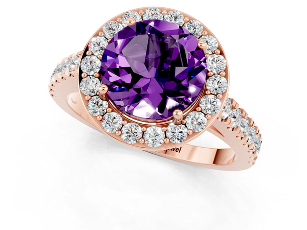Rose gold Round Cut Amethyst Halo Ring with Round Pavé Split Shank and Prong Setting