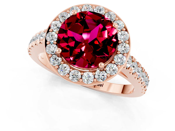 Rose gold Round Cut Garnet Halo Ring with Round Pavé Split Shank and Prong Setting