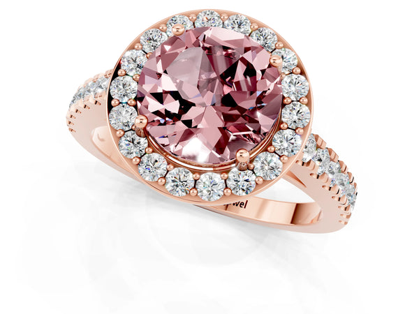 Rose gold Round Cut Halo Diamond Ring with Pavé Band and Three-Prong Setting