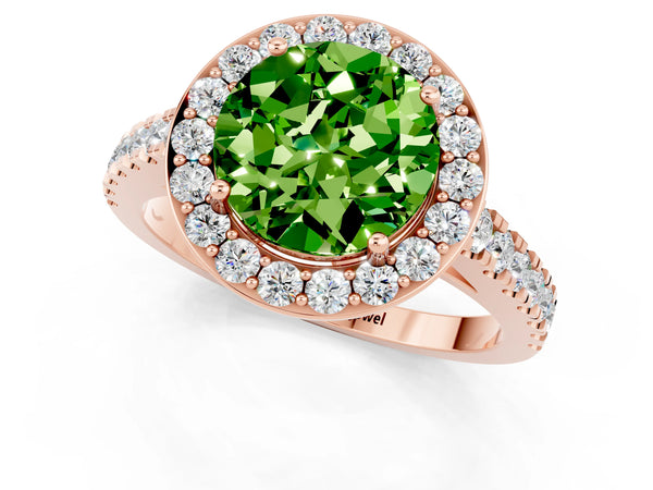 Rose gold Round Cut Halo Diamond Ring with Pavé Band and Three-Prong Setting