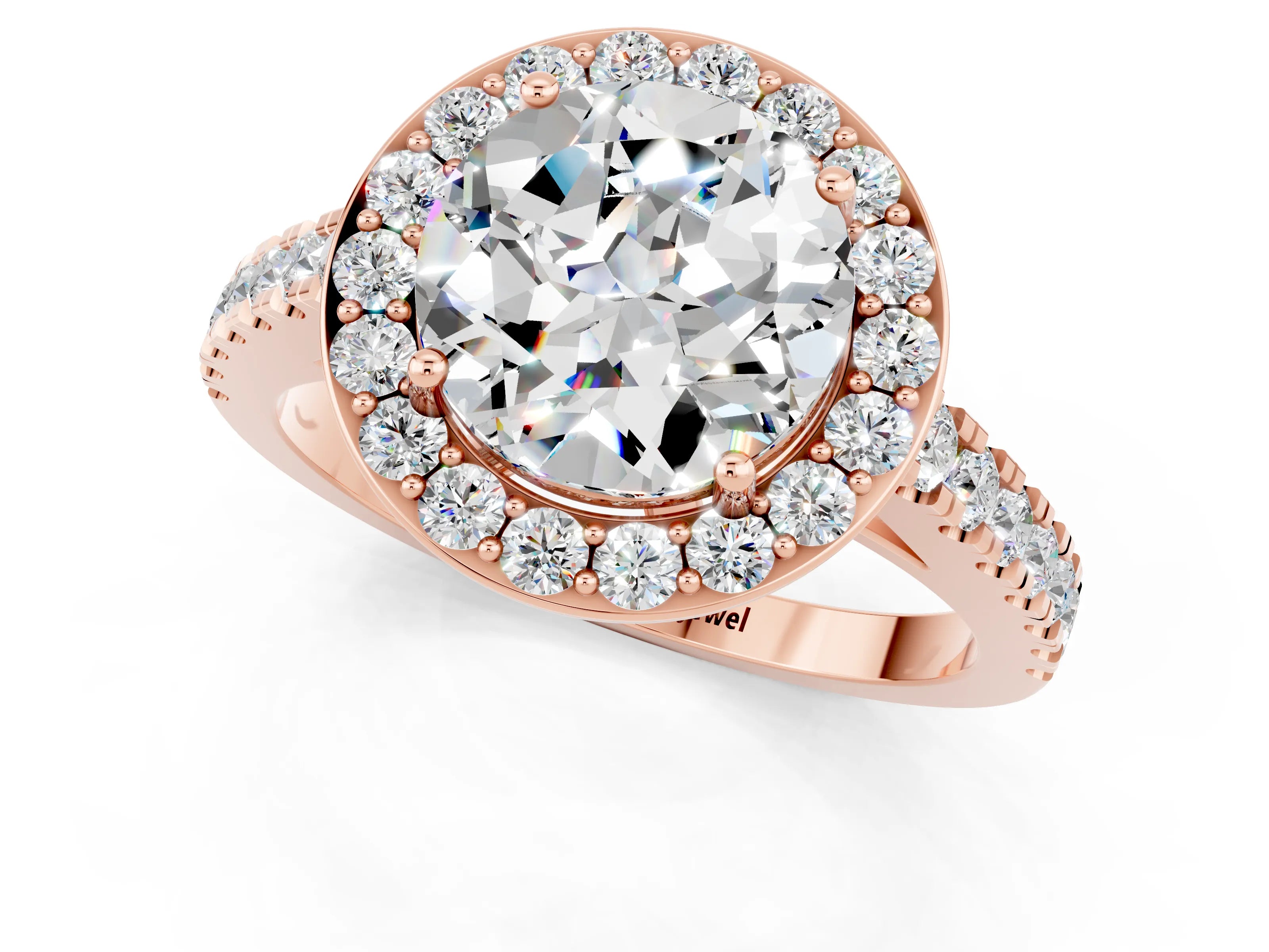 Rose gold Round Cut Halo Diamond Ring with Pavé Band and Three-Prong Setting_1