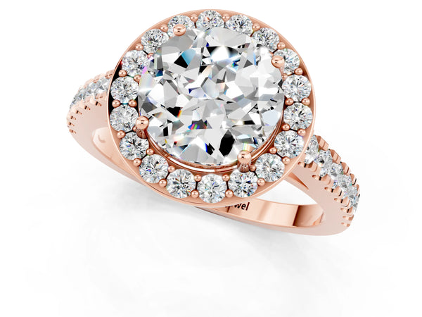 Rose gold Round Cut Moissanite Halo Ring with Round Pavé Split Shank and Prong Setting