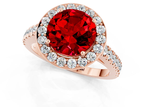 Rose gold Round Cut Ruby Halo Ring with Round Pavé Split Shank and Prong Setting