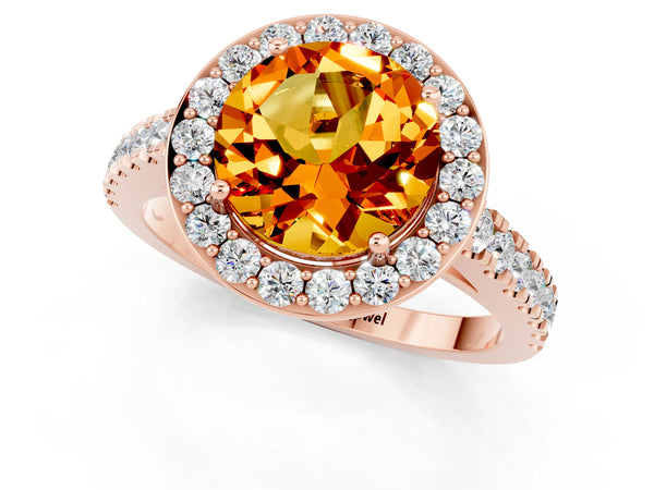 Rose gold Round Cut Citrine Halo Ring with Round Pavé Split Shank and Prong Setting