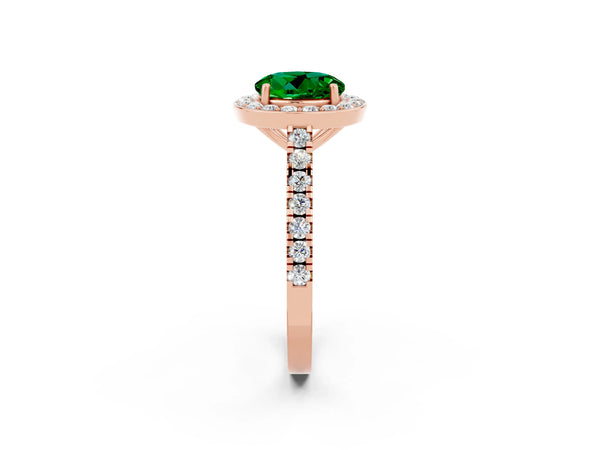 Rose gold Round Cut Emerald Halo Ring with Round Pavé Split Shank and Prong Setting