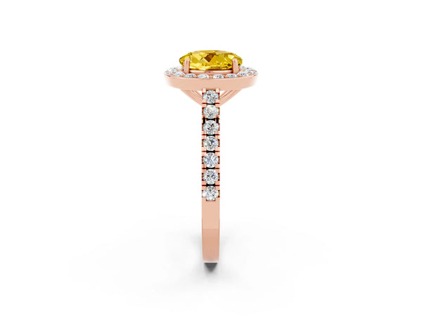 Rose gold Round Cut Yellow Sapphire Halo Ring with Round Pavé Split Shank and Prong Setting