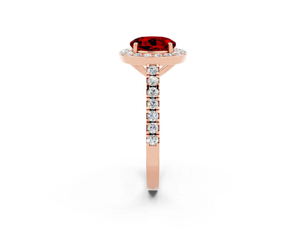 Rose gold Round Cut Ruby Halo Ring with Round Pavé Split Shank and Prong Setting