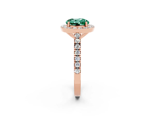 Rose gold Round Cut Green Sapphire Halo Ring with Round Pavé Split Shank and Prong Setting