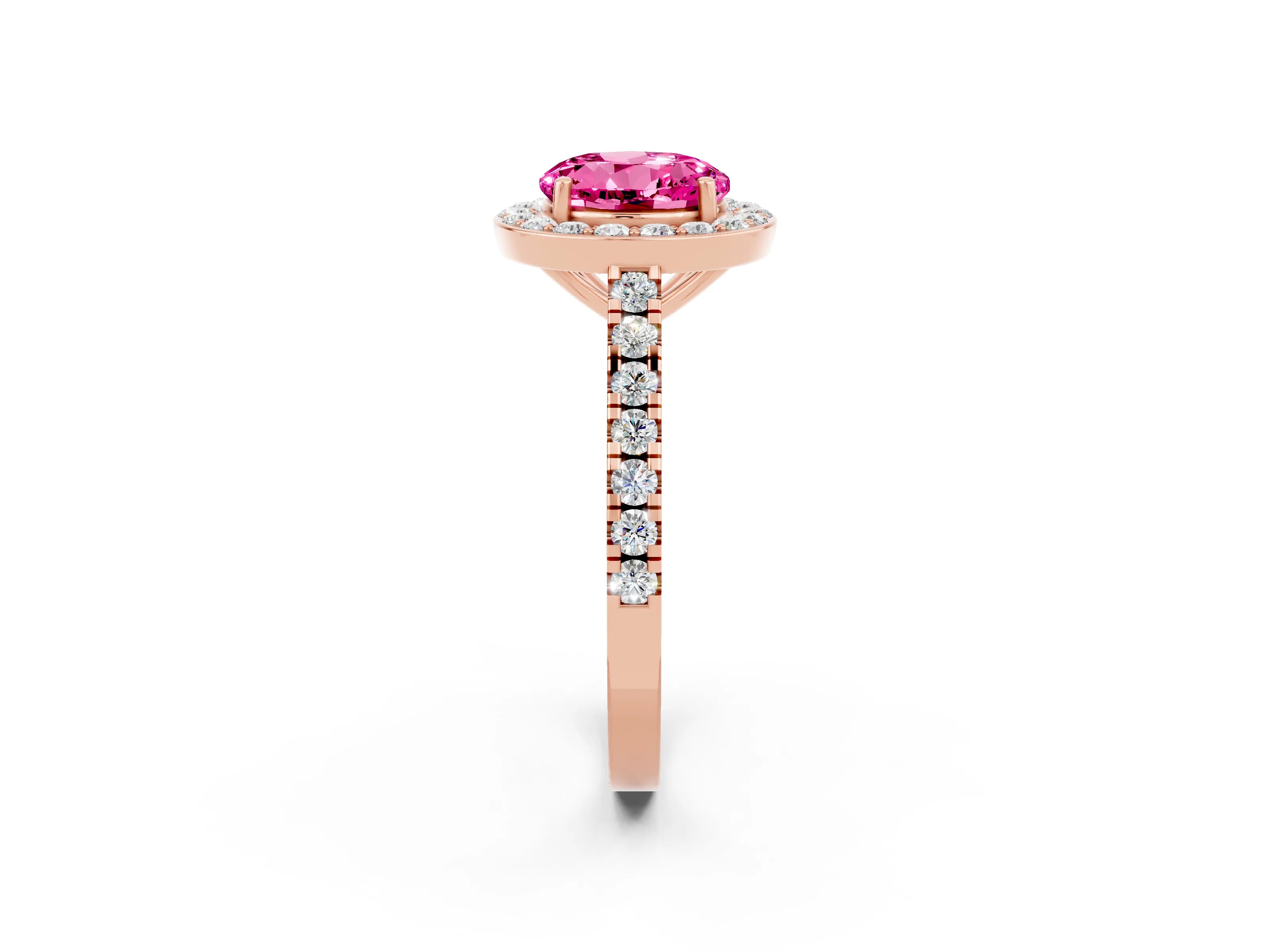 Rose gold Round Cut Halo Diamond Ring with Pavé Band and Three-Prong Setting_2