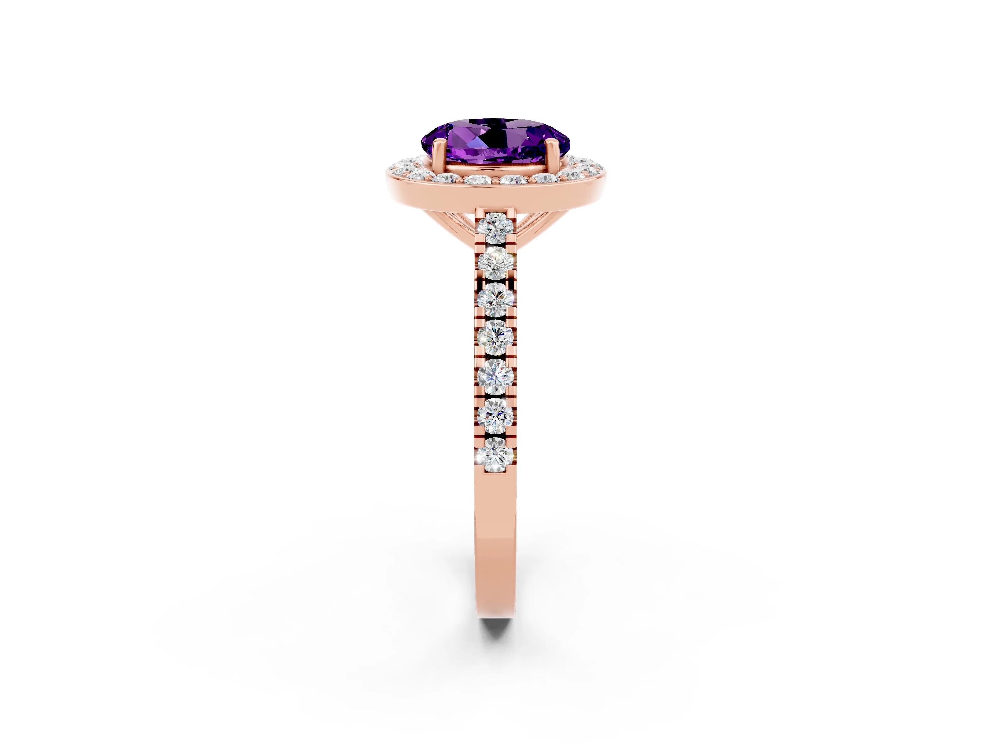 Rose gold Round Cut Halo Diamond Ring with Pavé Band and Three-Prong Setting_2