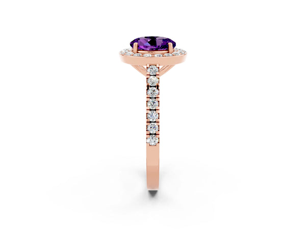 Rose gold Round Cut Amethyst Halo Ring with Round Pavé Split Shank and Prong Setting