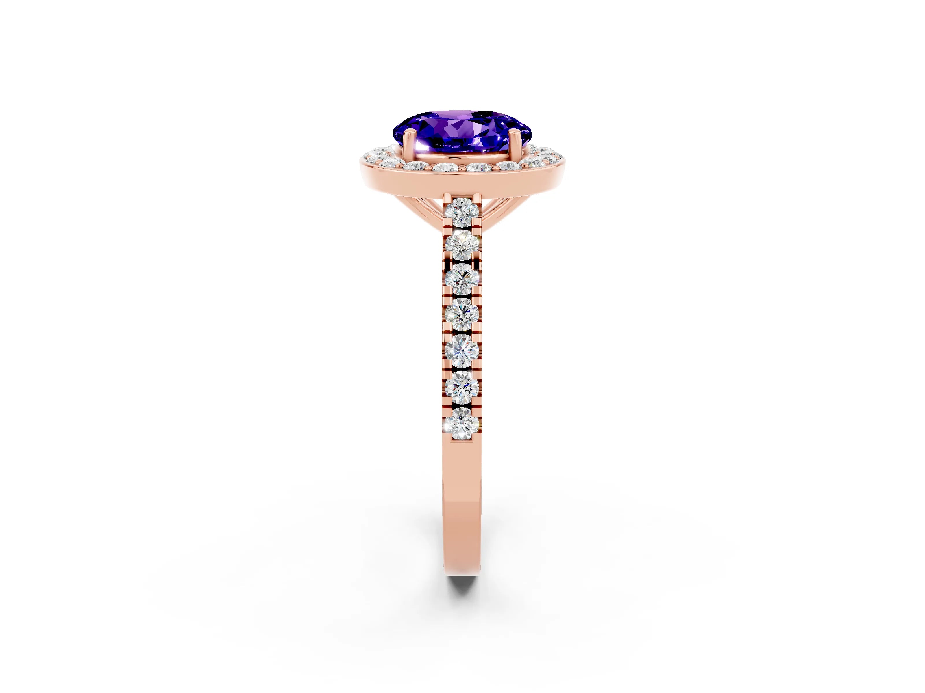 Rose gold Round Cut Halo Diamond Ring with Pavé Band and Three-Prong Setting_2