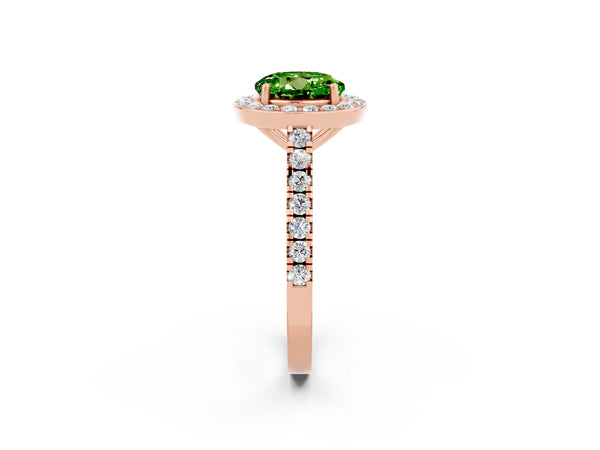 Rose gold Round Cut Halo Diamond Ring with Pavé Band and Three-Prong Setting