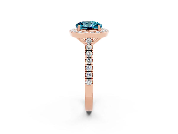 Rose gold Round Cut Halo Diamond Ring with Pavé Band and Three-Prong Setting