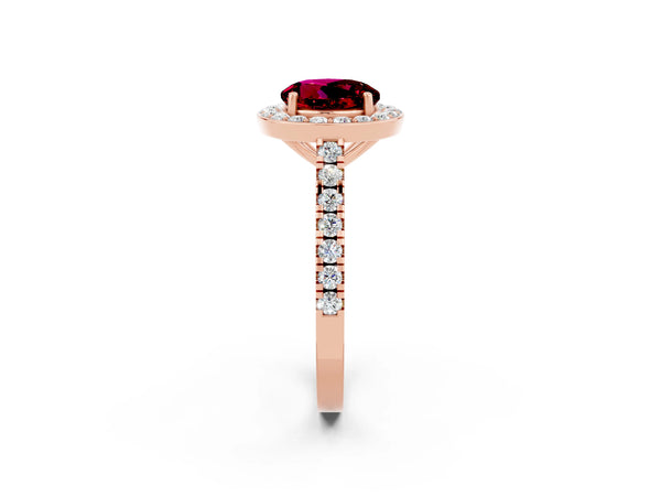 Rose gold Round Cut Garnet Halo Ring with Round Pavé Split Shank and Prong Setting