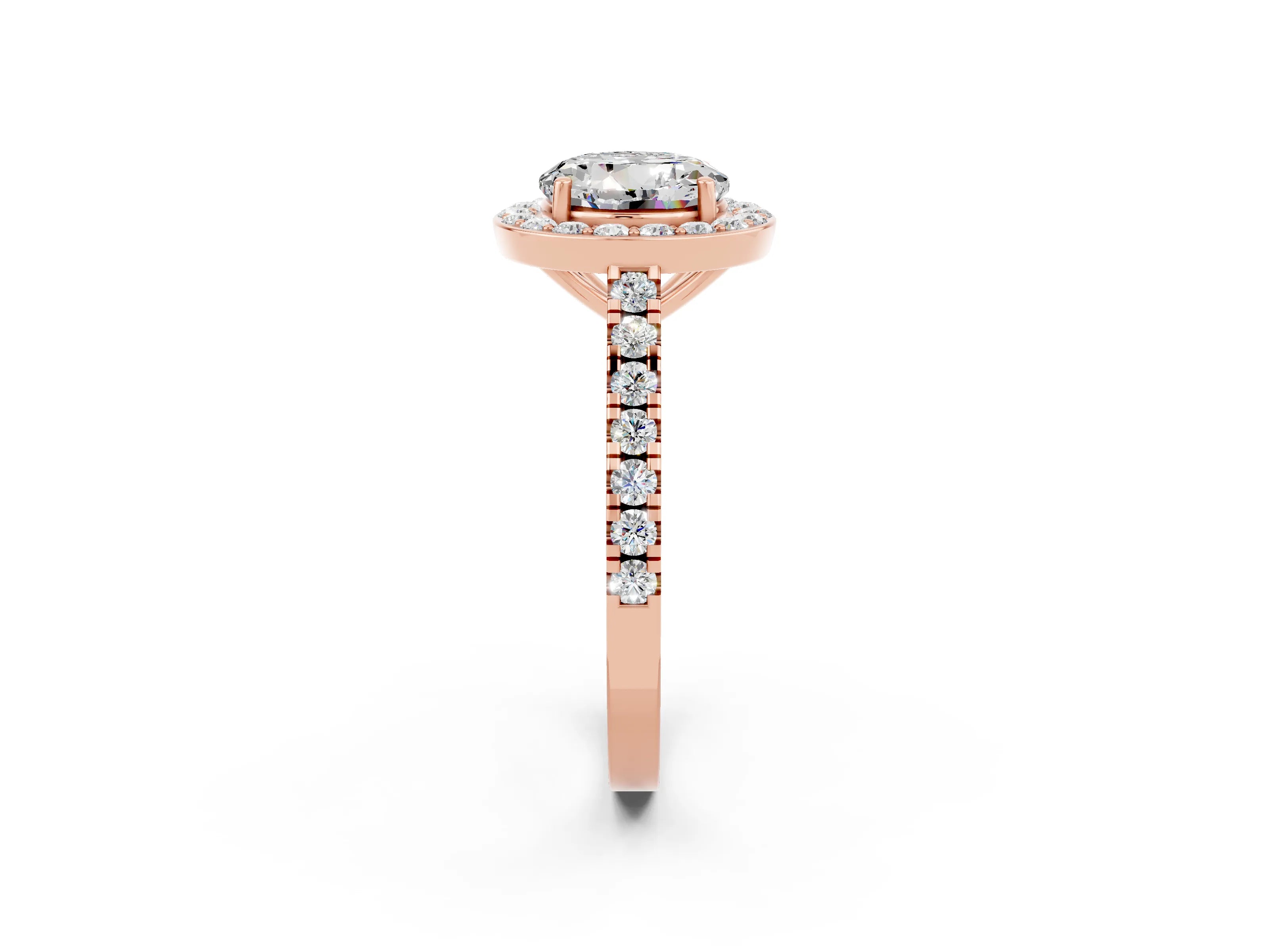 Rose gold Round Cut Halo Diamond Ring with Pavé Band and Three-Prong Setting_2