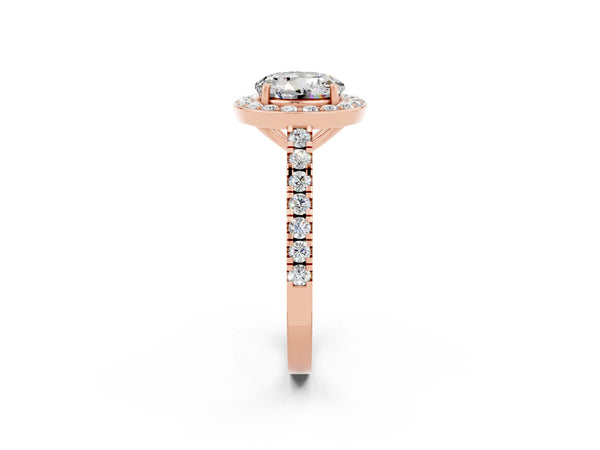 Rose gold Round Cut Moissanite Halo Ring with Round Pavé Split Shank and Prong Setting