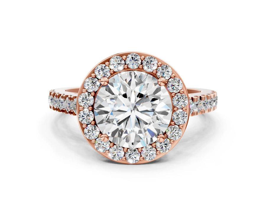 Rose gold Round Cut Halo Diamond Ring with Pavé Band and Three-Prong Setting