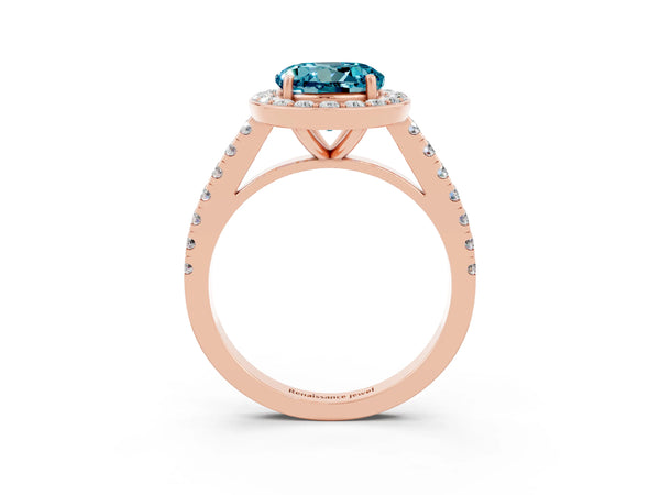 Rose gold Round Cut Halo Diamond Ring with Pavé Band and Three-Prong Setting