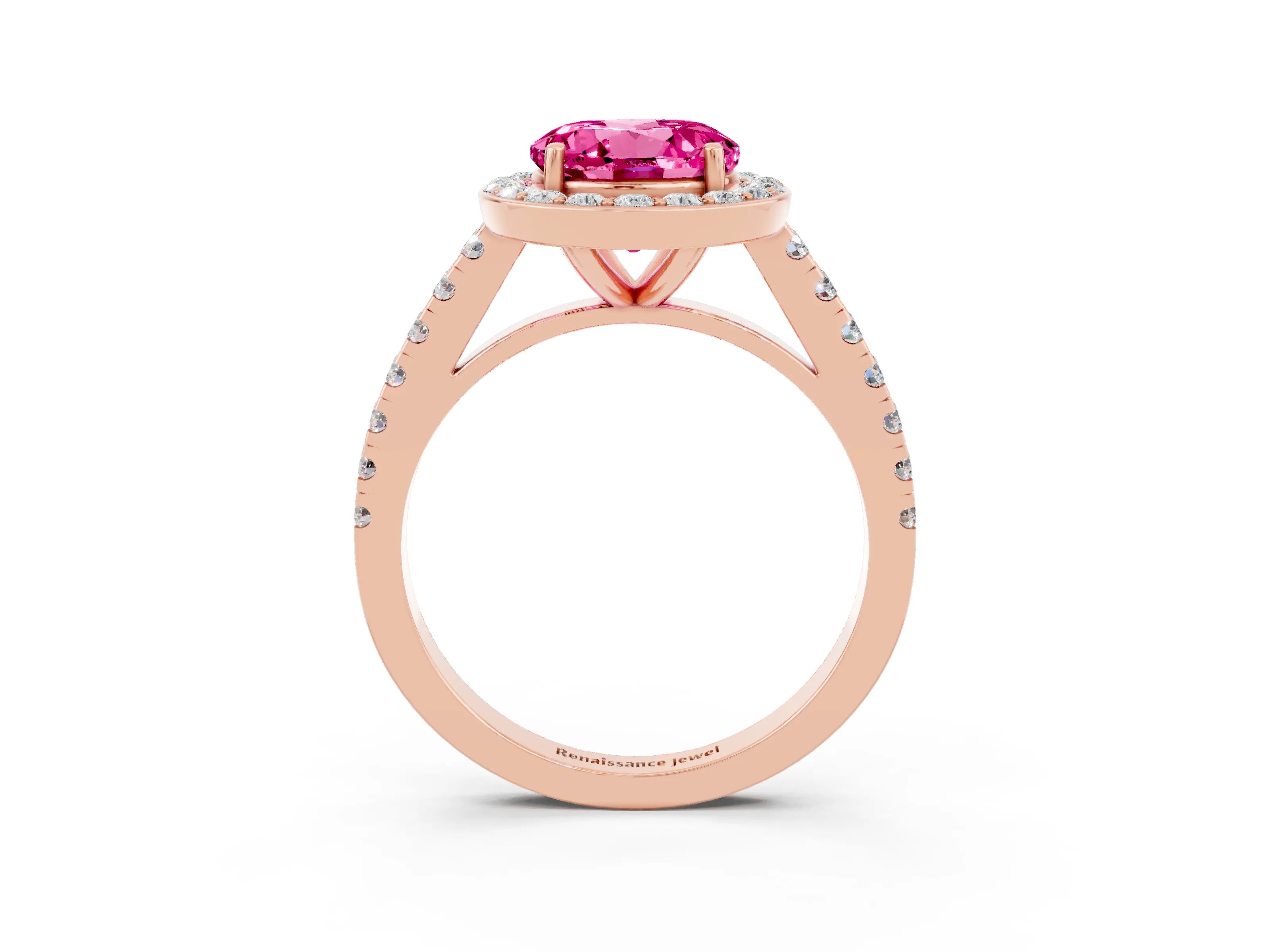 Rose gold Round Cut Halo Diamond Ring with Pavé Band and Three-Prong Setting_3