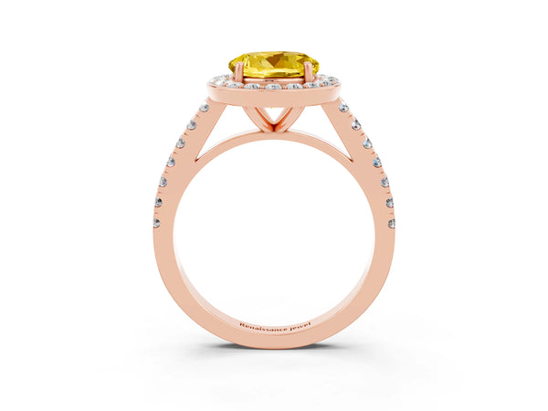 Rose gold Round Cut Yellow Sapphire Halo Ring with Round Pavé Split Shank and Prong Setting