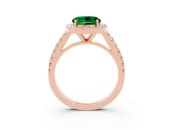 Rose gold Round Cut Emerald Halo Ring with Round Pavé Split Shank and Prong Setting