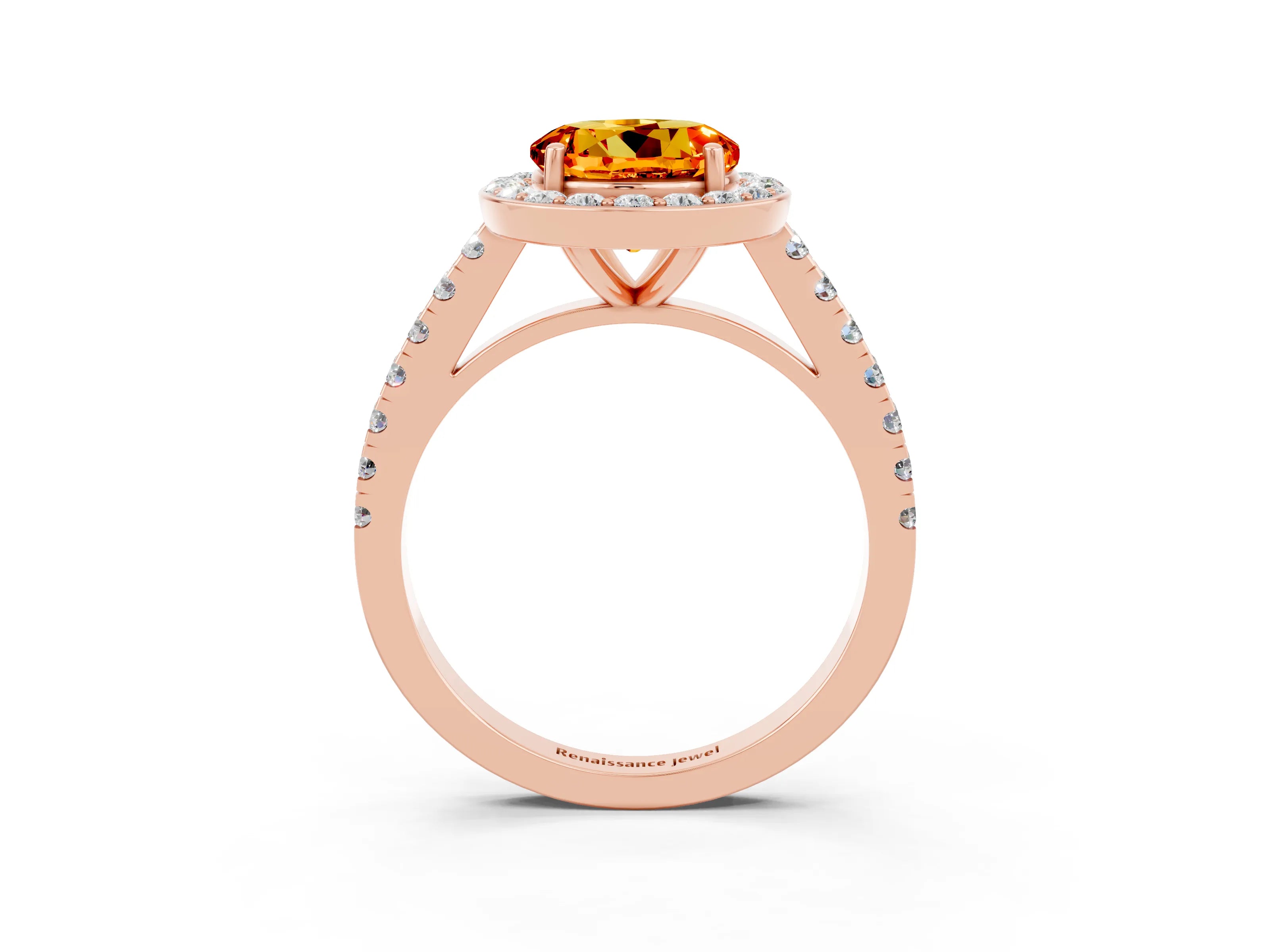 Rose gold Round Cut Halo Diamond Ring with Pavé Band and Three-Prong Setting_3