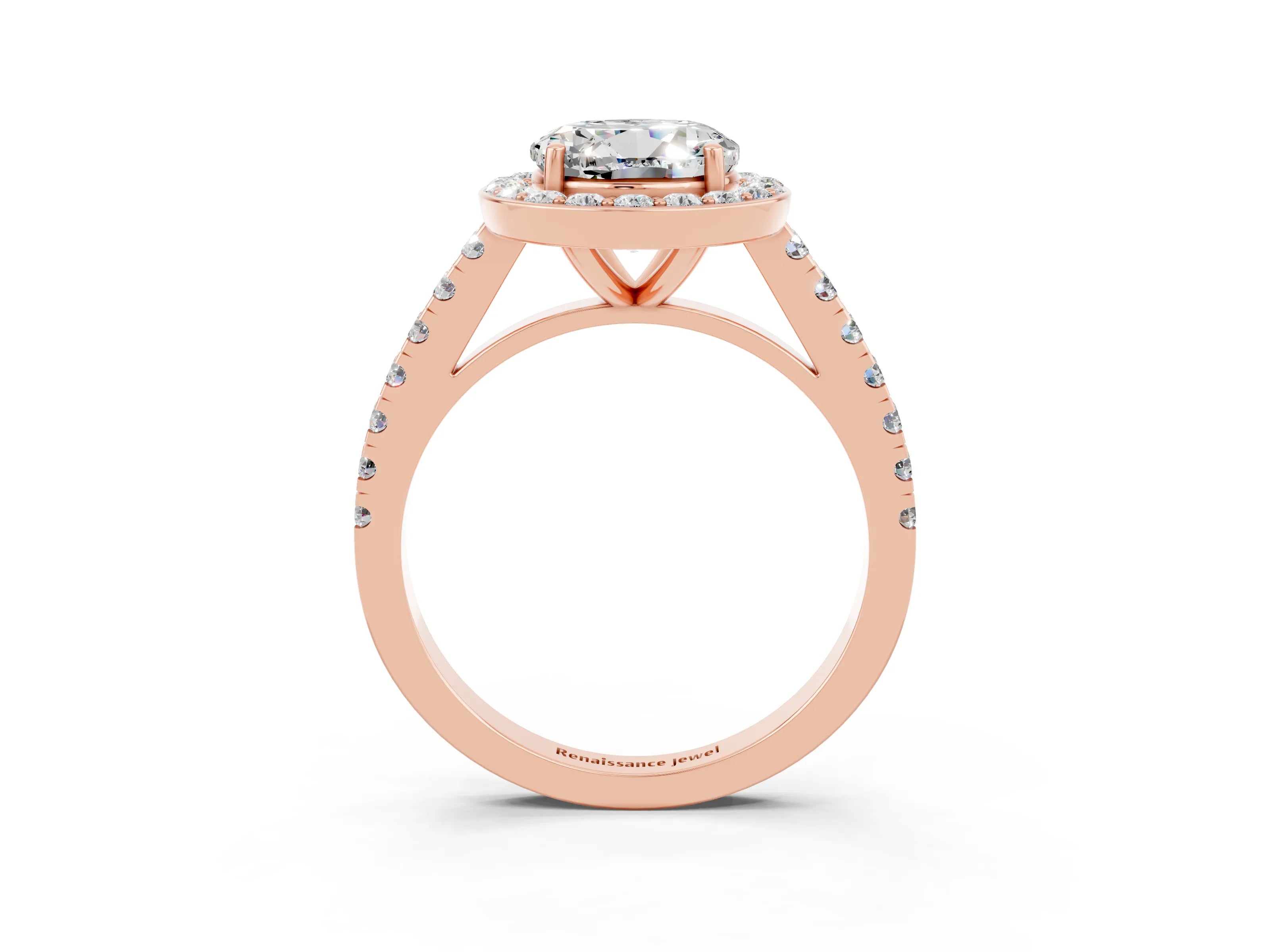 Rose gold Round Cut Halo Diamond Ring with Pavé Band and Three-Prong Setting_3
