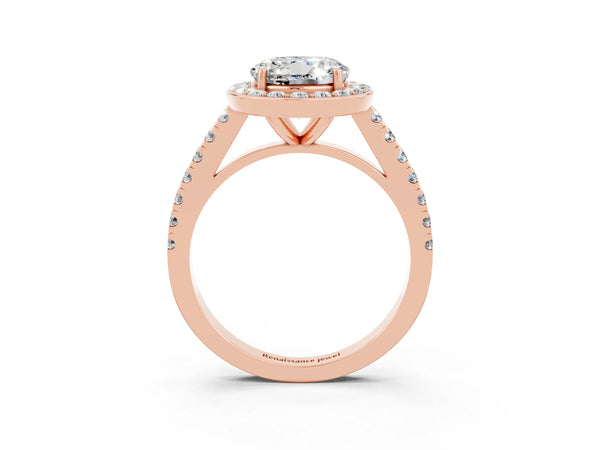 Rose gold Round Cut Moissanite Halo Ring with Round Pavé Split Shank and Prong Setting