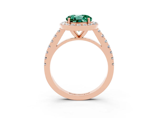 Rose gold Round Cut Green Sapphire Halo Ring with Round Pavé Split Shank and Prong Setting