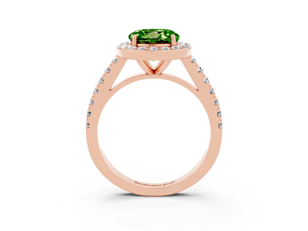Rose gold Round Cut Halo Diamond Ring with Pavé Band and Three-Prong Setting