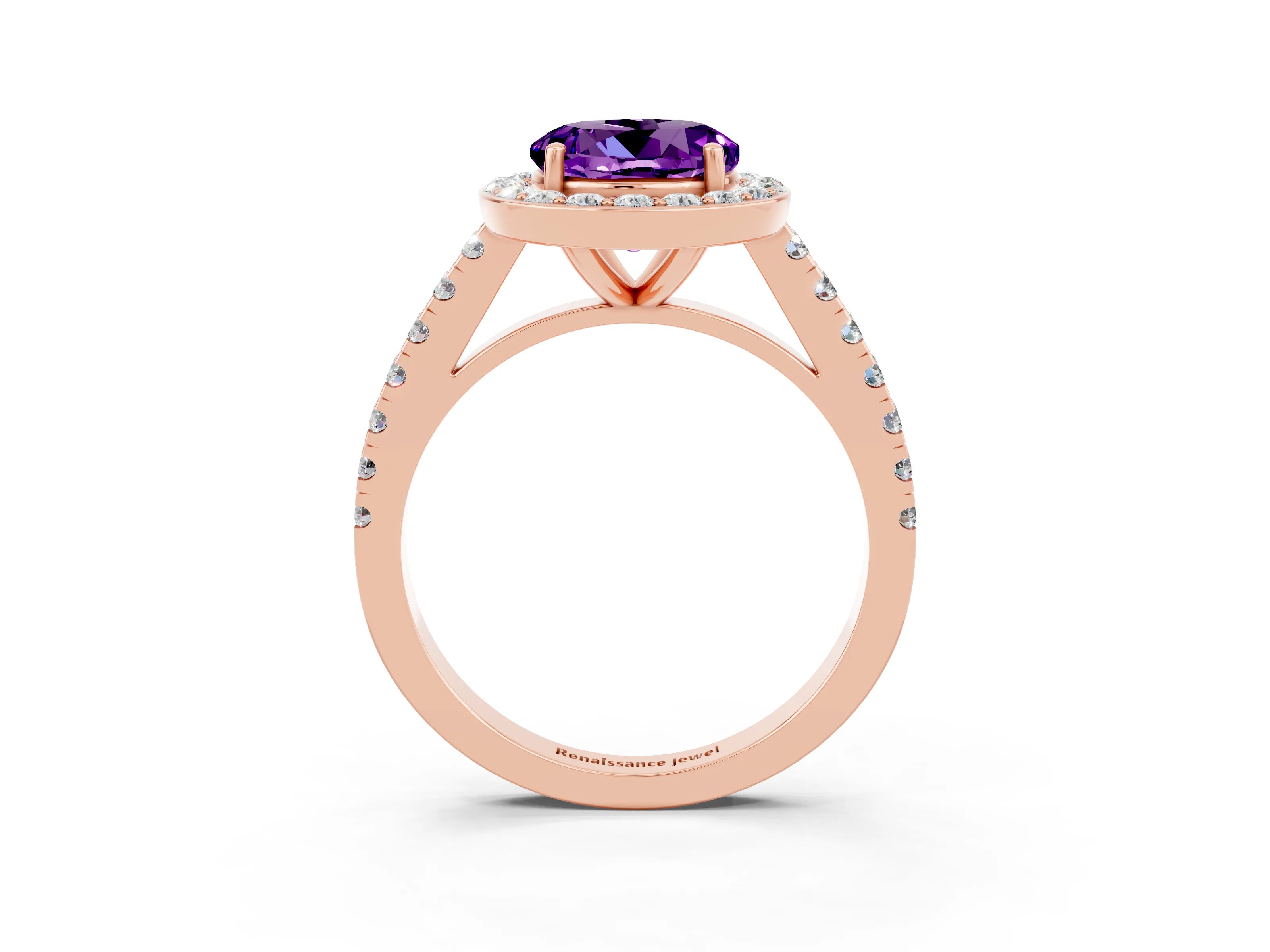 Rose gold Round Cut Halo Diamond Ring with Pavé Band and Three-Prong Setting_3