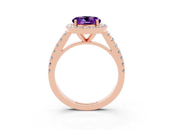 Rose gold Round Cut Amethyst Halo Ring with Round Pavé Split Shank and Prong Setting