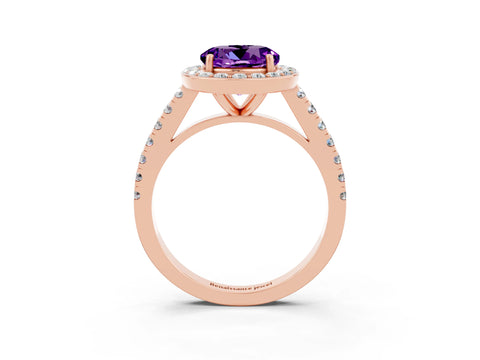 Rose gold Round Cut Halo Diamond Ring with Pavé Band and Three-Prong Setting_3