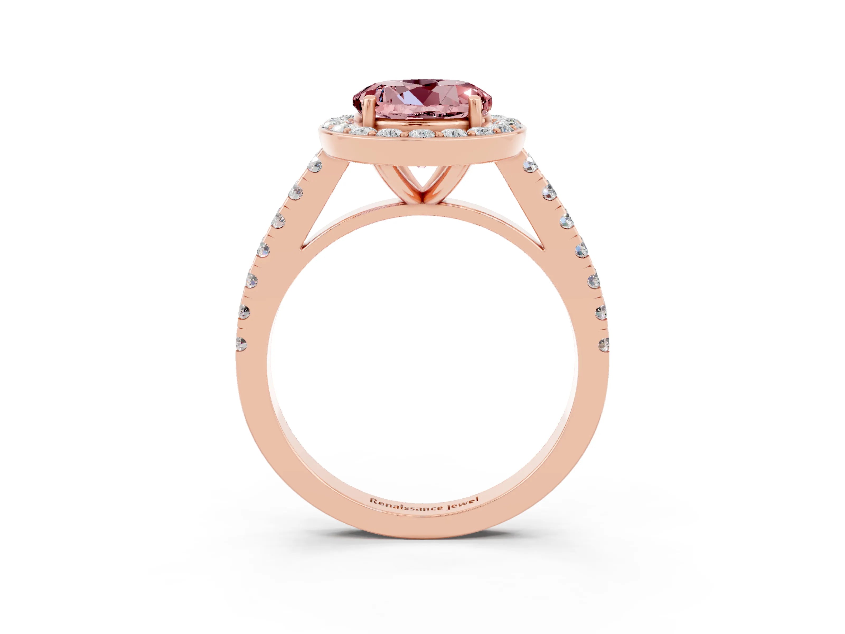 Rose gold Round Cut Halo Diamond Ring with Pavé Band and Three-Prong Setting_3