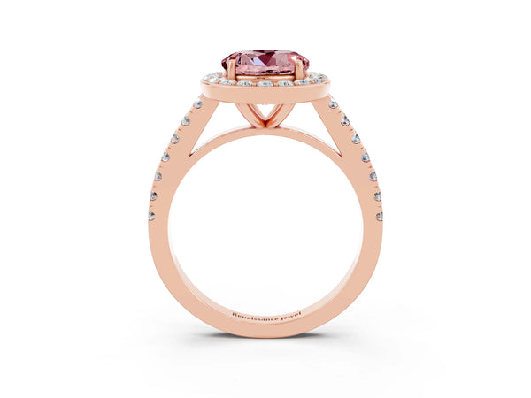 Rose gold Round Cut Halo Diamond Ring with Pavé Band and Three-Prong Setting