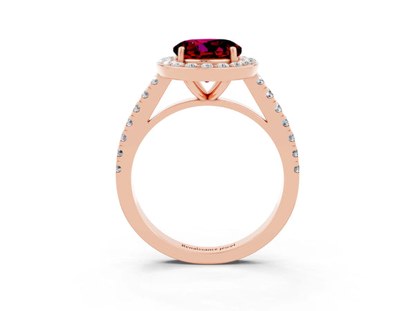 Rose gold Round Cut Garnet Halo Ring with Round Pavé Split Shank and Prong Setting